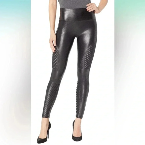 #0277 Spanx Faux Leather Moto Leggings, Very Black, Size S - Picture 9 of 9